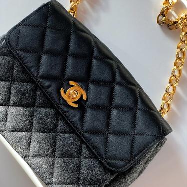 Vintage CHANEL Black Satin and Gray Wool Quilted Gold Chain CROSSBODY Shoulder Mini Flap Evening Bag - RARE! 