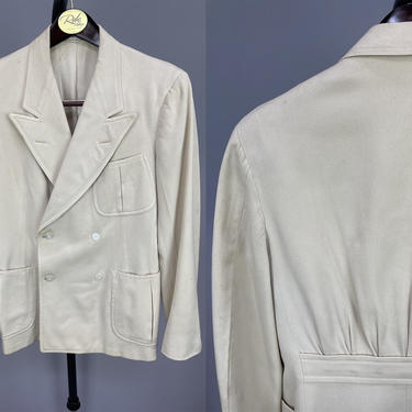 1930s Belted Back Jacket | Vintage 30s Double Breasted Cream Sport Coat | size 36 