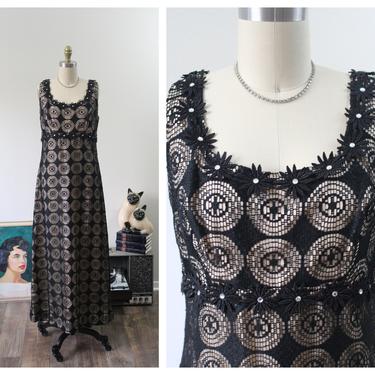 Vintage 1960's Designer Black Nude illusion Spiderweb Crochet Knit empire Maxi Dress // US 2 4 