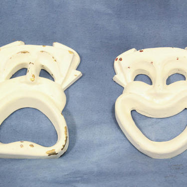 Vintage Cast Metal Comedy and Tragedy Mask Wall Hangings, Drama Laughing Sad 