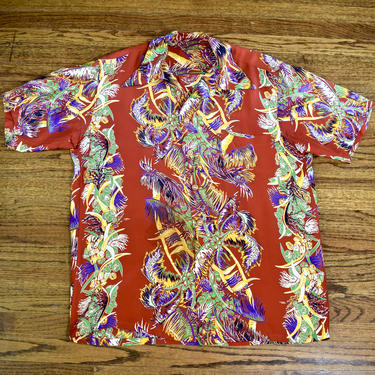 50s kamehameha コットン　ボーダー　アロハシャツ Rare 1950s Red Rayon Kamehameha Floral Border Print | CaveManTeeks