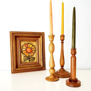 Vintage Turned Wood Tall Mismatched Candlestick Holder Set 