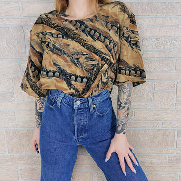 90's Abstract Feather Print Boxy Blouse 