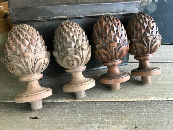Pair French Wood Finials, Hand Turned, Pineapple Pinecone Acorn Curtain
