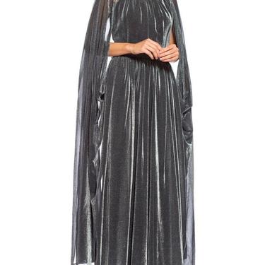 1970S Silver Metallic Lurex Knit Slinky Disco Gown With Attached Cape & Crystal Belt 