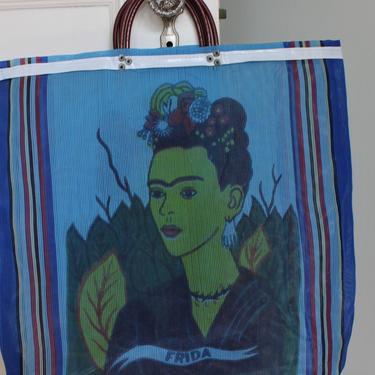 Vintage Frida Kahlo Colorful Striped Pattern Mesh Market Tote 