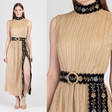 70s Metallic Gold High Slit Maxi Dress - | Flying Apple Vintage - Los  Angeles, CA | ATTIC
