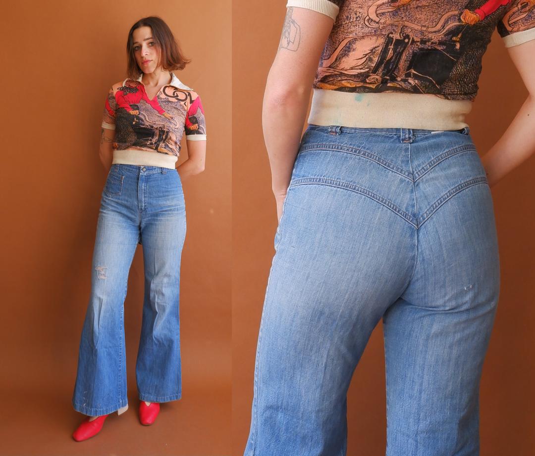 70s Pocketless Bell Bottom Jeans Size 26 Braided Details by