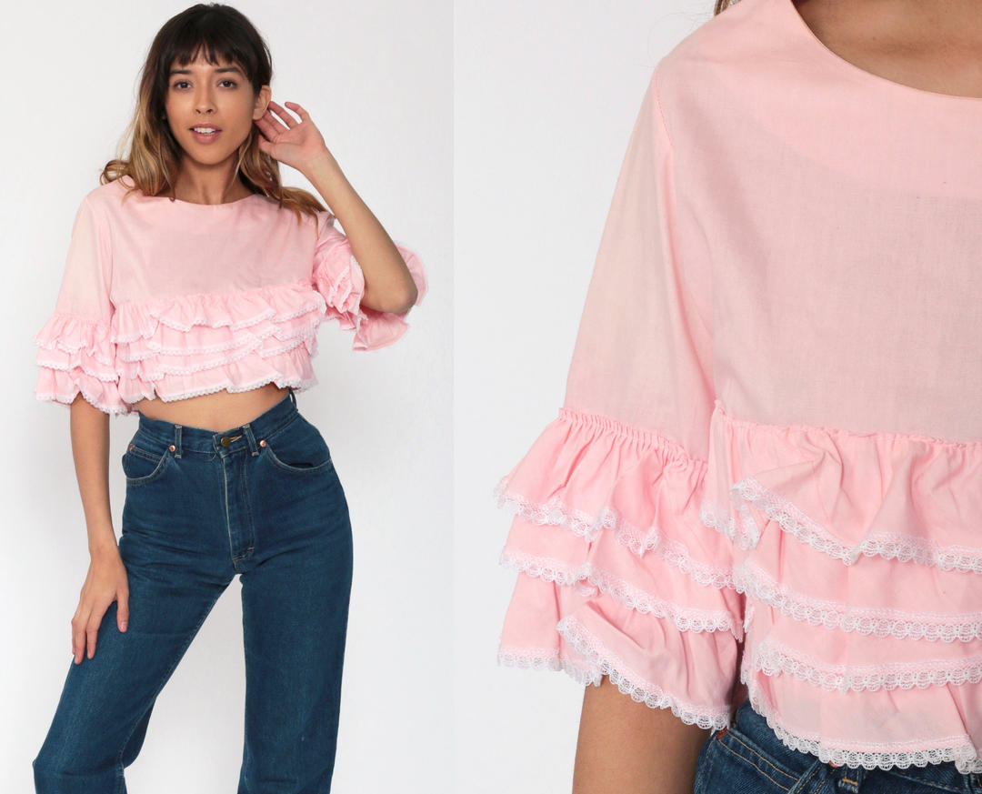 Pink Ruffle Shirt 1960s Crop Top 60s Blouse Mod Shirt 1960 Shop Exile