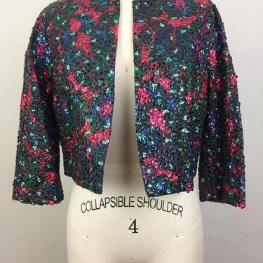 Vintage 50s SEQUIN Floral Wool Crop Blazer Jacket S/M 