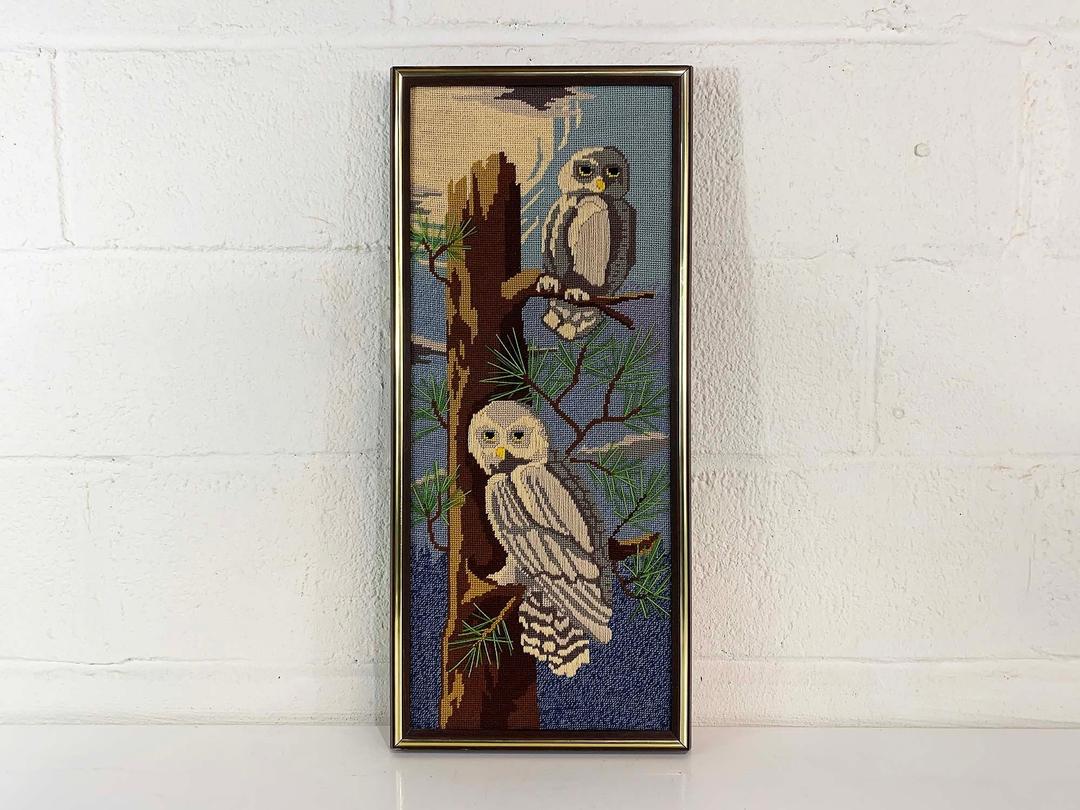 Vintage Needlepoint Owls Framed 1970s 1970 Kitsch Retro Decor Kitchen Wall, Check Engine Vintage