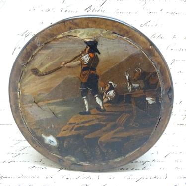 Antique 1800's German Lacquered Paper Mache Snuff Box, Hand Painted Man Blowing Alphorn in Alps 