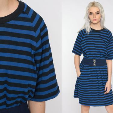 Striped Tshirt Dress 80s Mini Dress Blue Stripe Print Ringer Dress 1980s Retro Short Sleeve Minidress Normcore Shift Belted Large L 