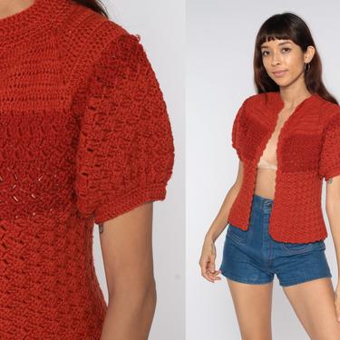 Crochet Knit Top 70s Rust Red Knit Shirt Short Sleeve Cardigan Sweater Cutwork Hippie Boho Cut Out 1970s Vintage Bohemian Hippy Small xs s 