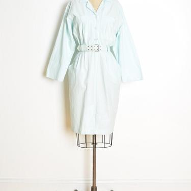 vintage 80s dress aqua cotton belted safari pastel button up midi dress M clothing 