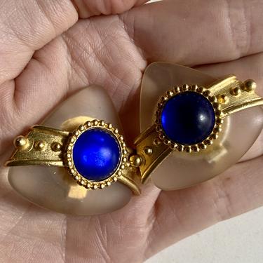 French Lucite &amp; Blue Cabochon Gold Statement Earrings