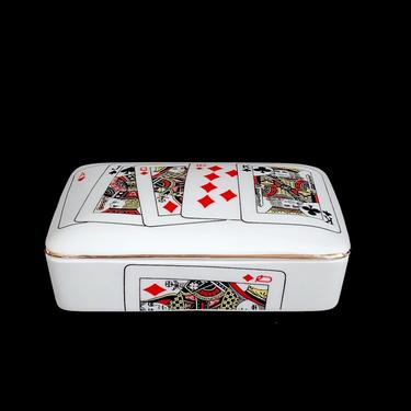 Vintage 1970s Modern Porcelain Playing Cards Box with 2 Compartments Japan with Cards Graphics 