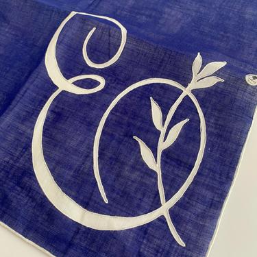 1940's Linen Hankie - Sheer Navy & White - Monogrammed E in Script with Embroidery - Hand Rolled hem - 13-3/4 x 13-3/4 inches 