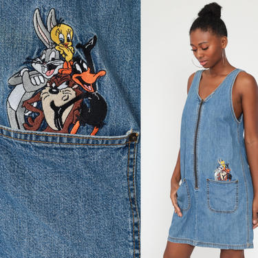 Looney Tunes Overall Dress Denim Jumper Dress 90s Mini Jean Shop Exile Tucson AZ