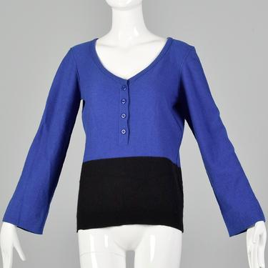 Medium Sonia Rykiel 1990s Blue Black Sweater Color Blocked Bell Sleeves Ribbed Knit V-neck 90s 