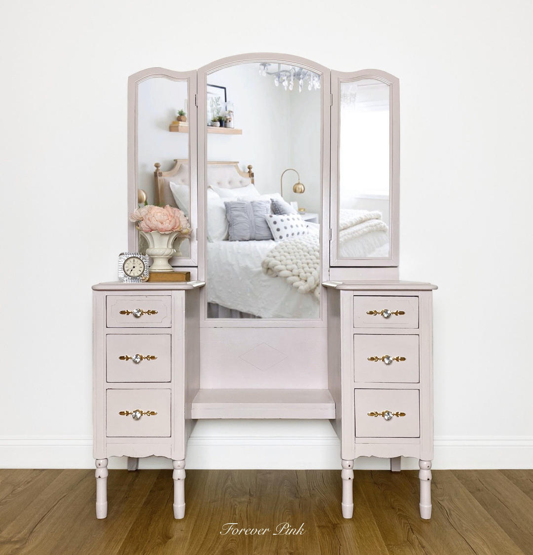 NEW Vintage Pink Vanity with Trifold Mirror, Painted Dressing
