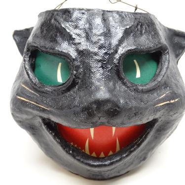 1940's Black Cat Head Halloween Lantern, made with Pulp Paper Mache, Vintage Retro Decor, Antique 