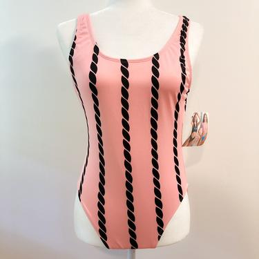 80s Pink and Black Rope Print Deadstock Swimsuit | Large 