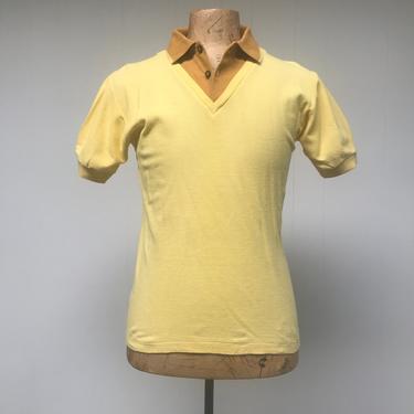 Vintage 1960s Men's Polo Shirt, Yellow and Brown Acrylic Casual Shirt, Mid-Century Short Sleeve Pullover, Small 36&amp;quot; Chest 
