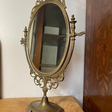 Vintage Italian Style Tabletop Mirror Vanity Victorian Style Brass like Metal Patina Deco Retro Nouveau 