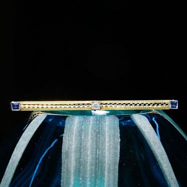 Antique Art Deco 14K Yellow Gold Filigree Diamond &amp; Sapphire Bar Pin, .06 CT Diamond, Square Blue Gemstones, Rectangular Bar Pin, 2 1/2&amp;quot; L 