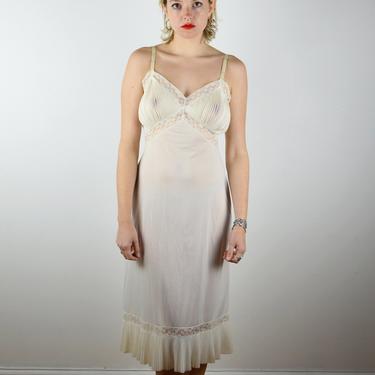 Vintage 1950s White Nylon Tall Slip with Lace Trim, 38 inch bust Seamprufe