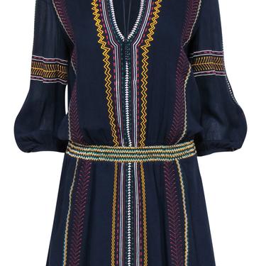 Alice & Olivia - Navy Drop Waist Dress w/ Multicolored Embroidery Sz 6