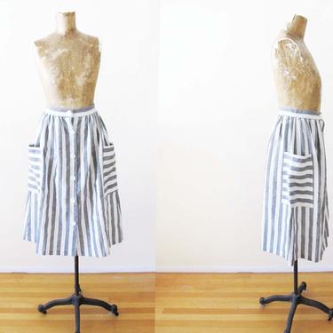 Vintage 80s Striped Skirt XS 24 - 1980s Gray White Stripe Skirt - Button Front High Waist Skirt - Pocket Skirt - Full Peasant Skirt 