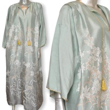 Vintage Teal Green Womens Silk Kaftan Dress OSFA Floral Print Muumuu Loungewear 