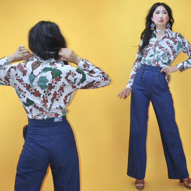 Vintage 1970s Art Deco Lady Portrait Big Collar Shirt SZ Thee Apple Boutique Osaka JP