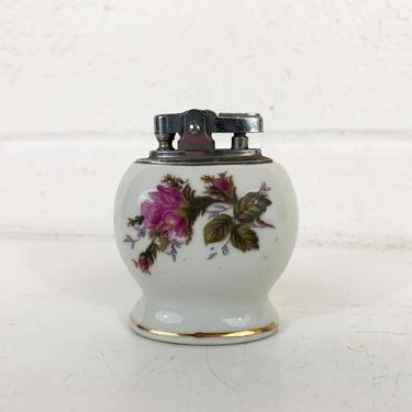 Vintage Mid Century Table Lighter Floral Ceramic Japan Collectible Ceramic Chrome Boho Bohemian Style 1950s 50s Butane Gas 