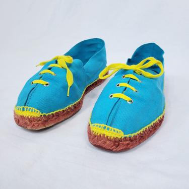 French 1980's Turquoise Canvas Biarritz Espadrilles Lace Up Sandals I Sz 8 I Guy Dohman 