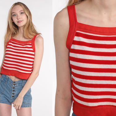 70s Tank Top TERRY CLOTH Shirt Red Striped Crop Top Bohemian Terrycloth Summer 80s Hipster Vintage Boho Small Medium 