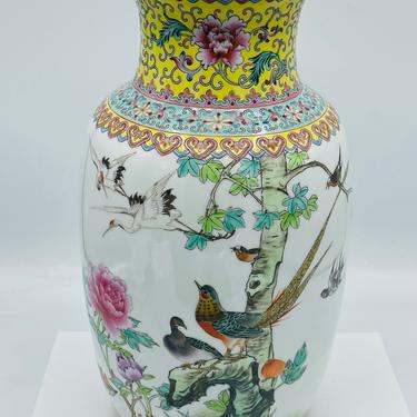 Vintage Large Chinese Jingdezhen Famille Rose Porcelain Vase Bird &amp; Floral- Calligraphy Chip Free Yellow Border 