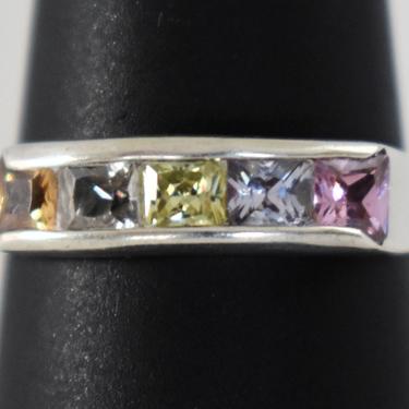 80's tourmaline 950 silver size 7 dainty bling band, simple fine silver multi-colored channel set gems stacking ring 