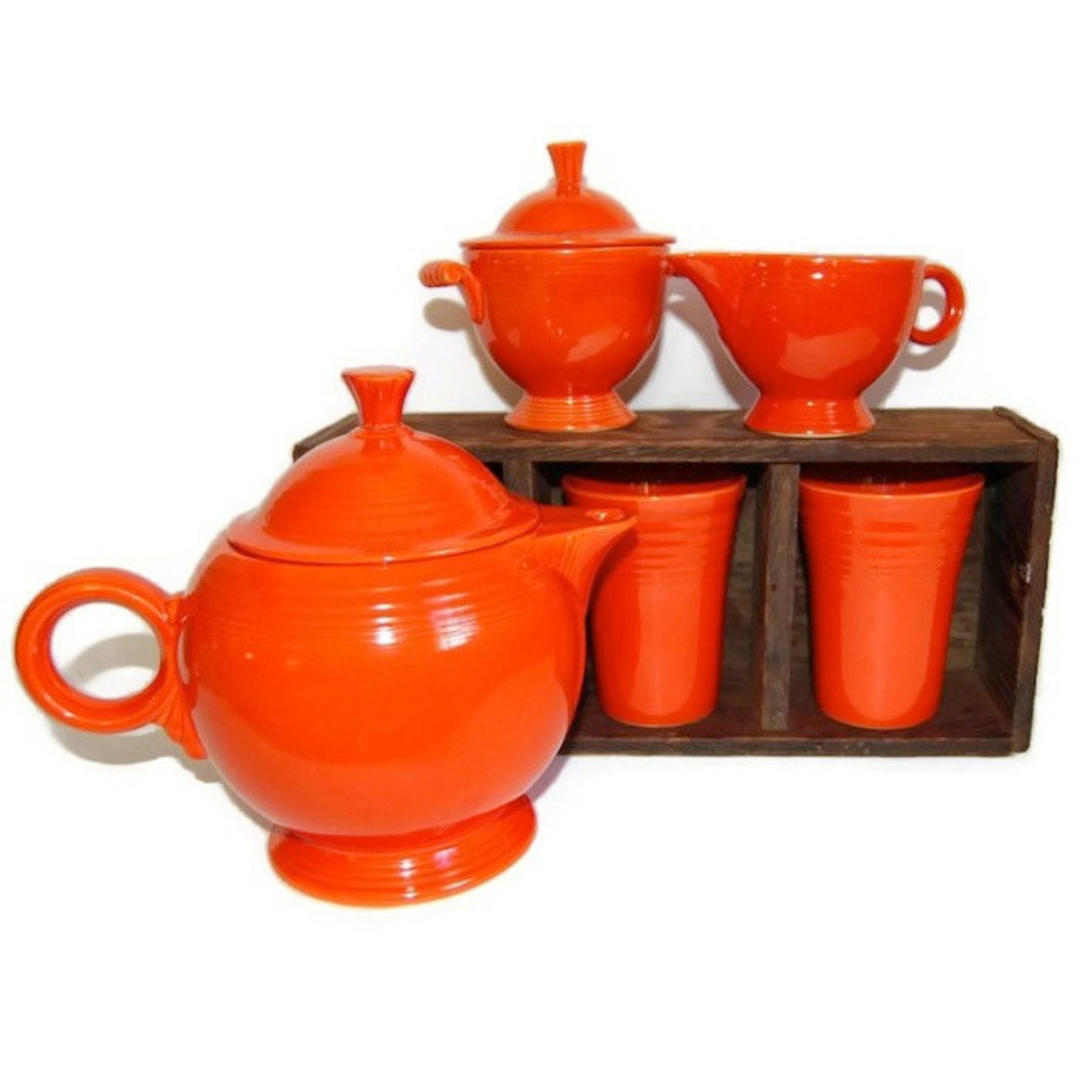 Red Fiesta Ware Tea Set Vintage Original Dining & Serving Set