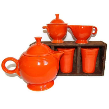 Red Fiesta Ware Tea Set Vintage Original Dining &amp; Serving Set Art Deco Housewares Retro Collectibles Rustic Cottage Kitchen Decor c1930s 