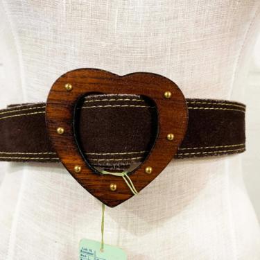 Vintage Suede Belt Wooden Heart Buckle Wood Leather Hippie Pyramid Boho Bohemian 1970s 70s 1980s 80s Deadstock NOS XS Small 