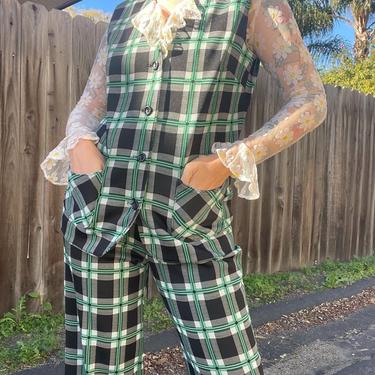 1970s vintage green black and white plaid two piece pants