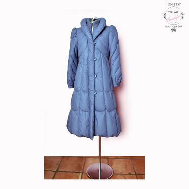 UNUSED Vintage DOWN Long Parka, Winter Coat, Snow Jacket, Full Length Coat, Blue Gray, Lavender Princess coat 1970's, 1980's J. Gallery Down 