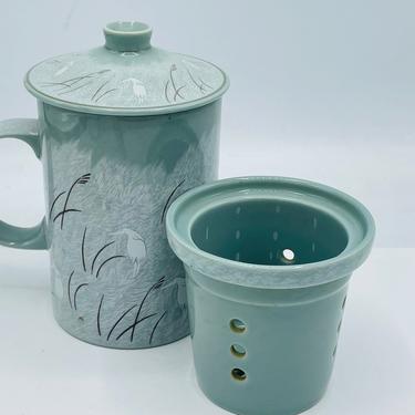 Vintage Celadon Ceramic tea Coffee Cup  with lid and Infuser - Korean Marked 