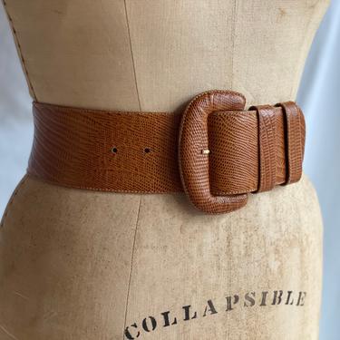 26-29" Waist Belt / Donna Karan Wide Vintage Leather Belt / Statement Belt / Reptile Snakeskin Embossed Leather Belt / Super Wide Belt 