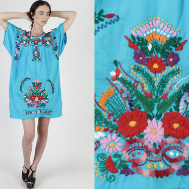 Teal Embroidered Mexican Mini Dress / Vintage 1970s Aqua Mexican Floral Dress / Flutter Sleeve Beach Coverup Womens Embroidery Dress 