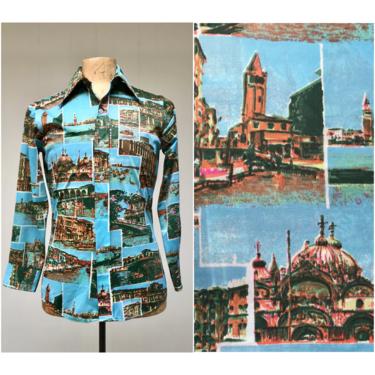 Vintage 1970s Photo Print Disco Shirt, 70s Scenes of Venice Italy, Long Sleeve Polyester Hipster Shirt, Unisex 38&quot; Chest 
