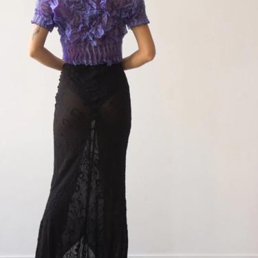 1990s &quot;Ghost&quot; Embroidered Chiffon Bias Cut Skirt 